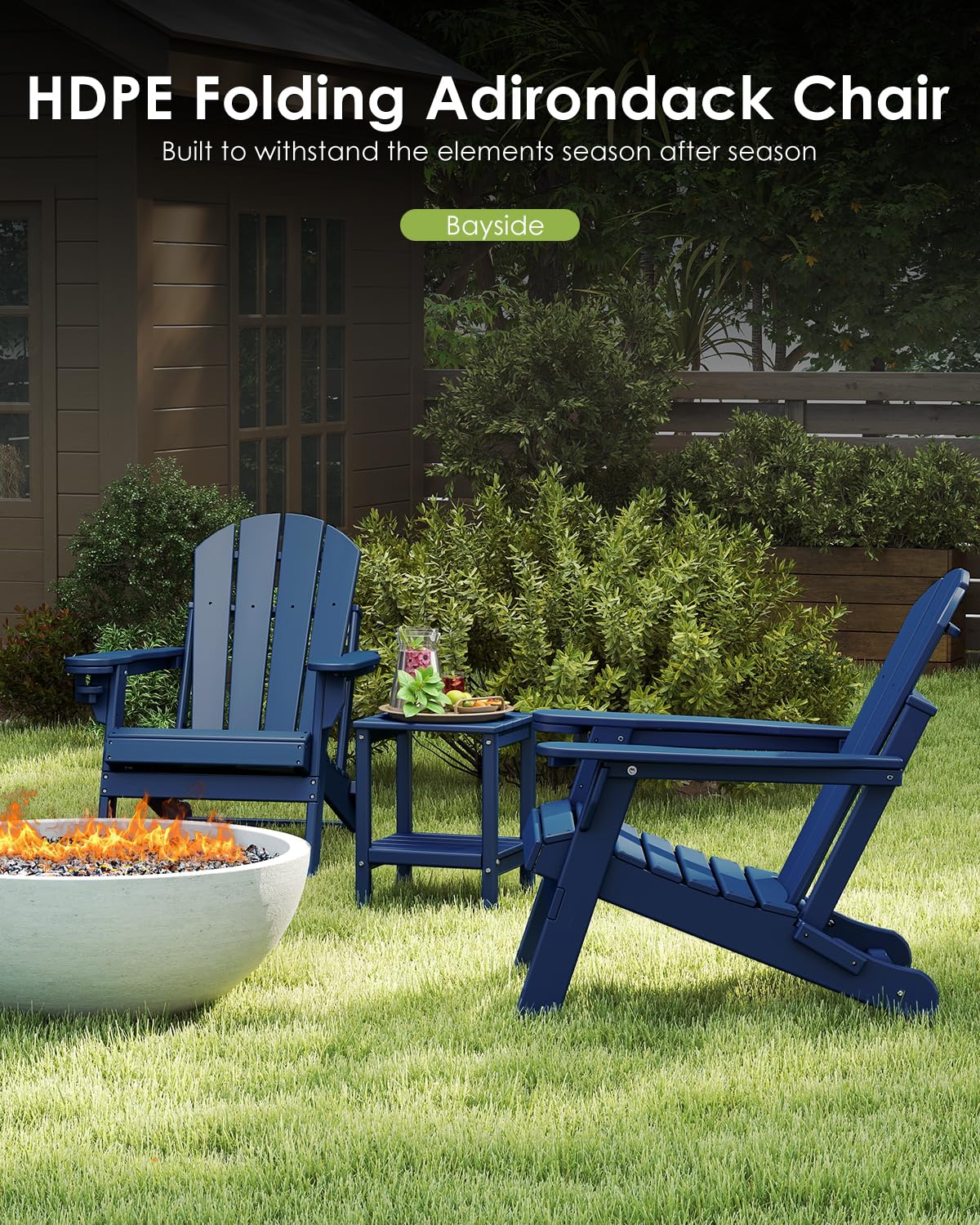 Blue 3-Piece Folding Adirondack Chair Set with Side Table HDPE Q241