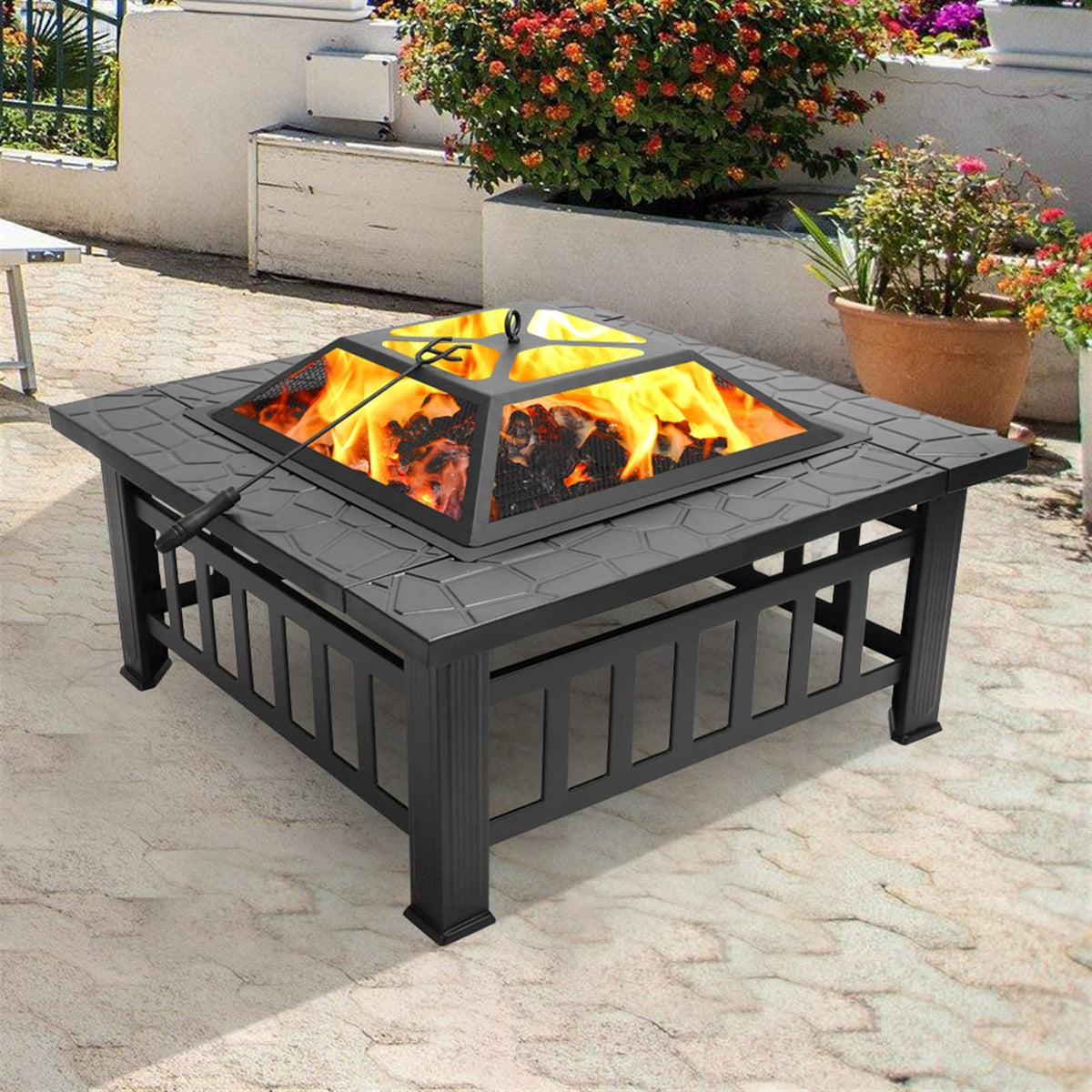 32 Inch Square Metal Wood Burning Fire Pit with Mesh Lid and Poker L7558