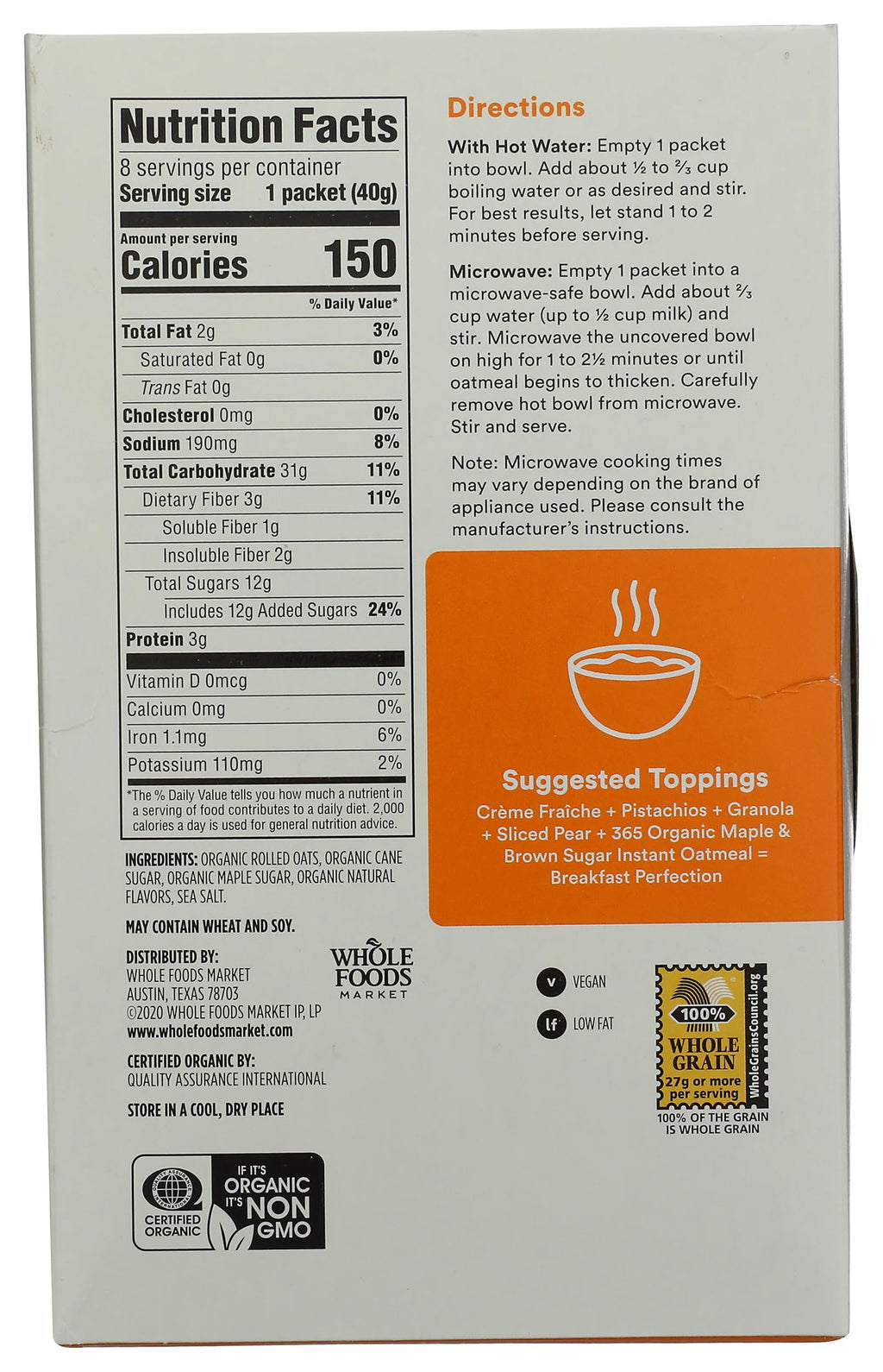 Organic Maple & Brown Sugar Instant Oatmeal Packets, 1.41 Ounce (Pack of 8) Z7791