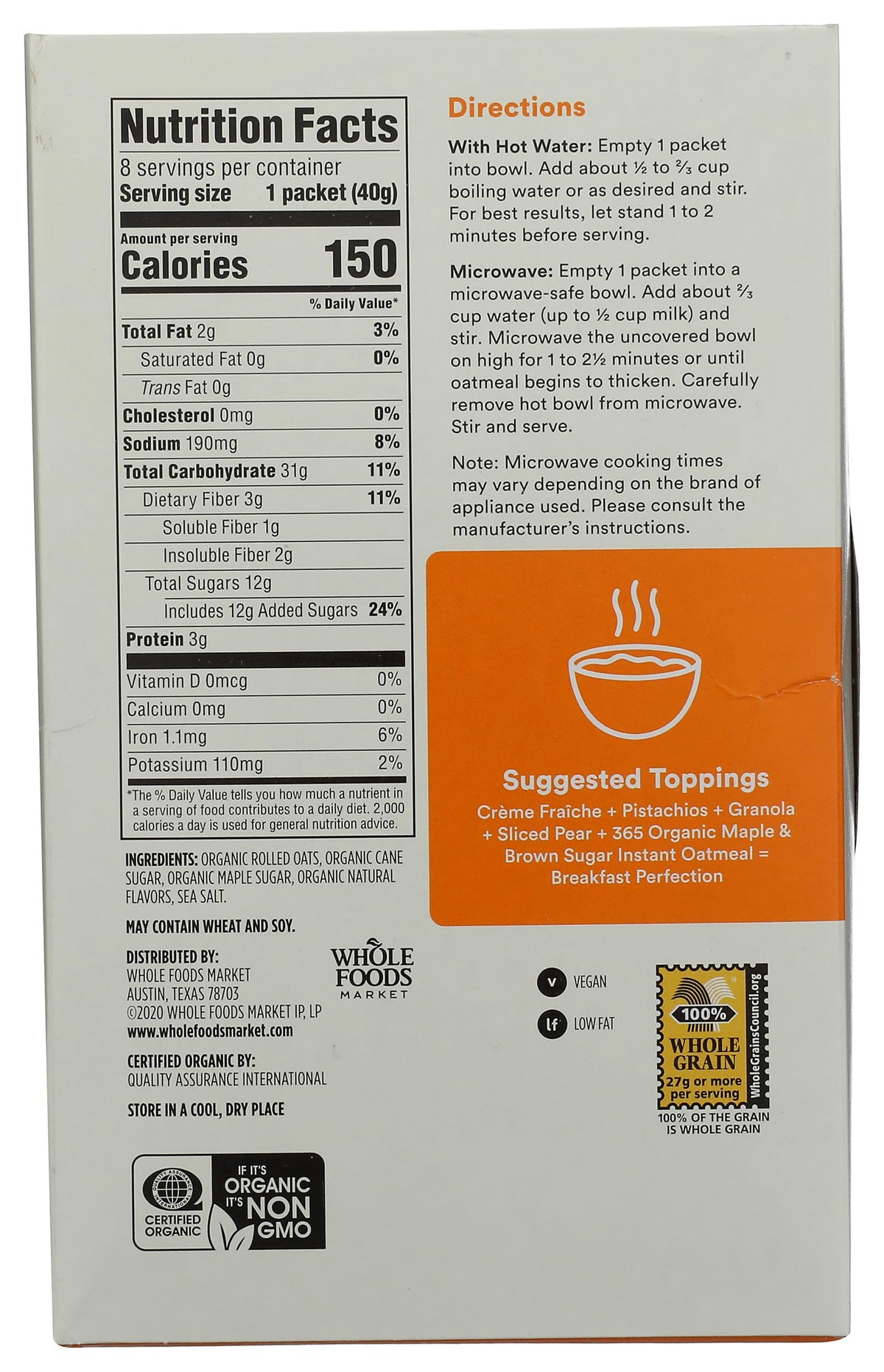 Organic Maple & Brown Sugar Instant Oatmeal Packets, 1.41 Ounce (Pack of 8) Z7791