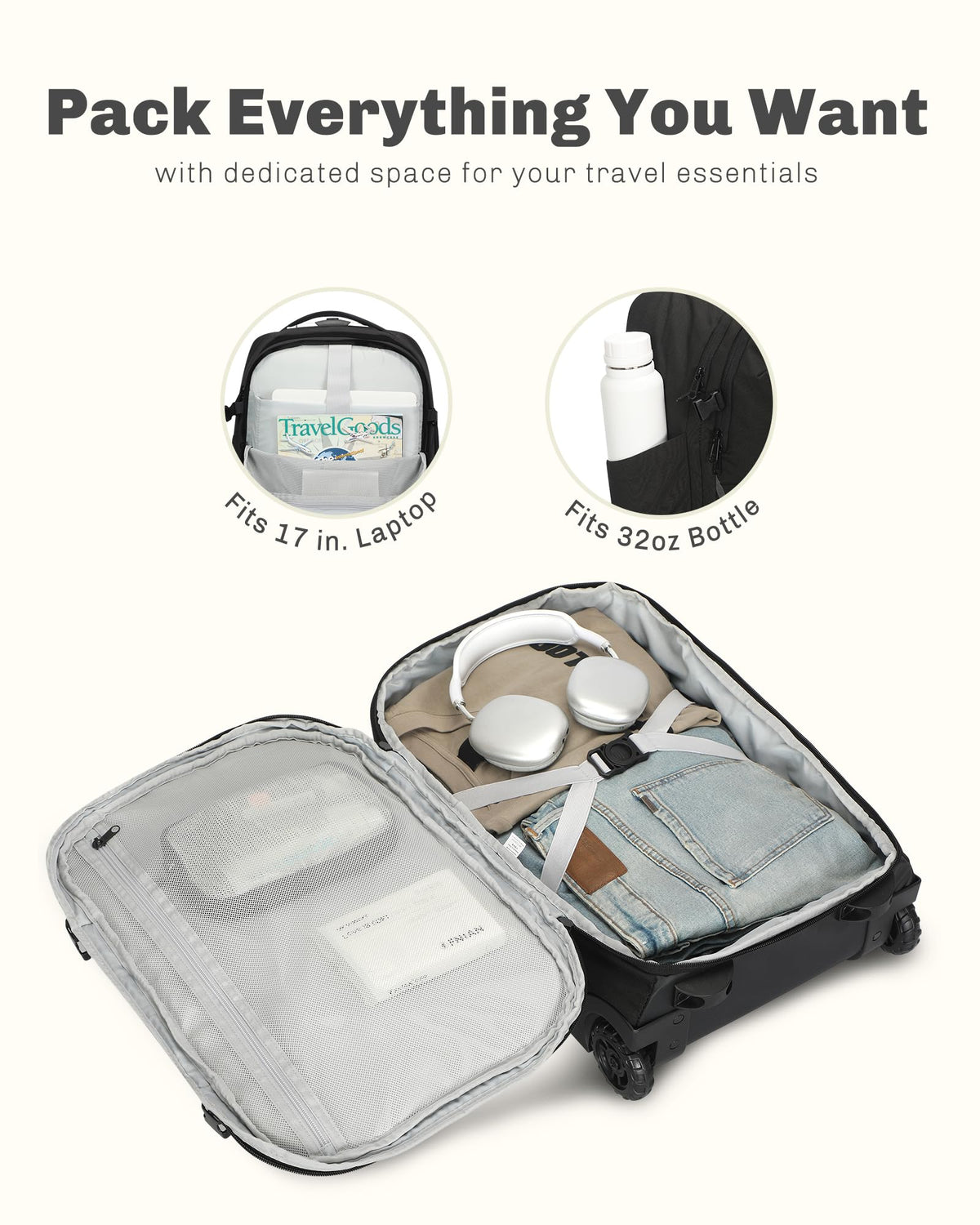 Rolling Backpack with Wheels 43L with Waist Pack Beige G170096
