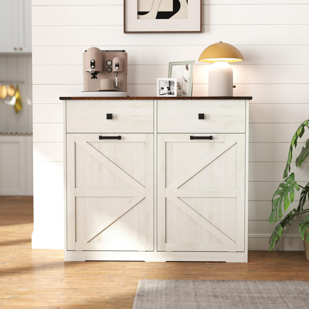 20 Gallon White Wooden Double Tilt Out Trash Can Cabinet with 2 Drawer W492073