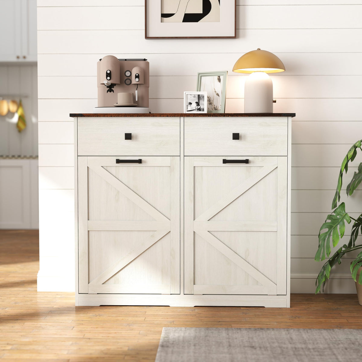 20 Gallon White Wooden Double Tilt Out Trash Can Cabinet with 2 Drawer W492073