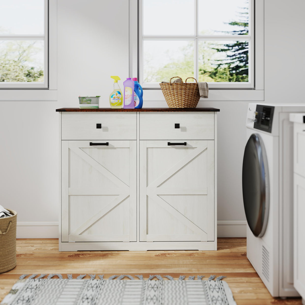 20 Gallon White Wooden Double Tilt Out Trash Can Cabinet with 2 Drawer W492073