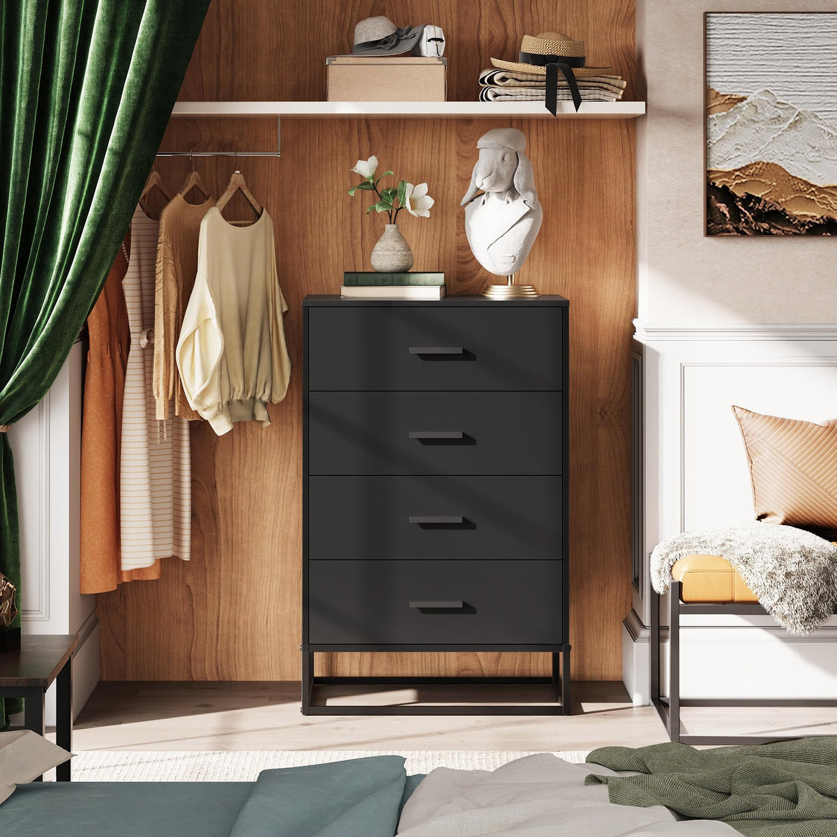 Black 4 Drawer Wooden Dresser Q509