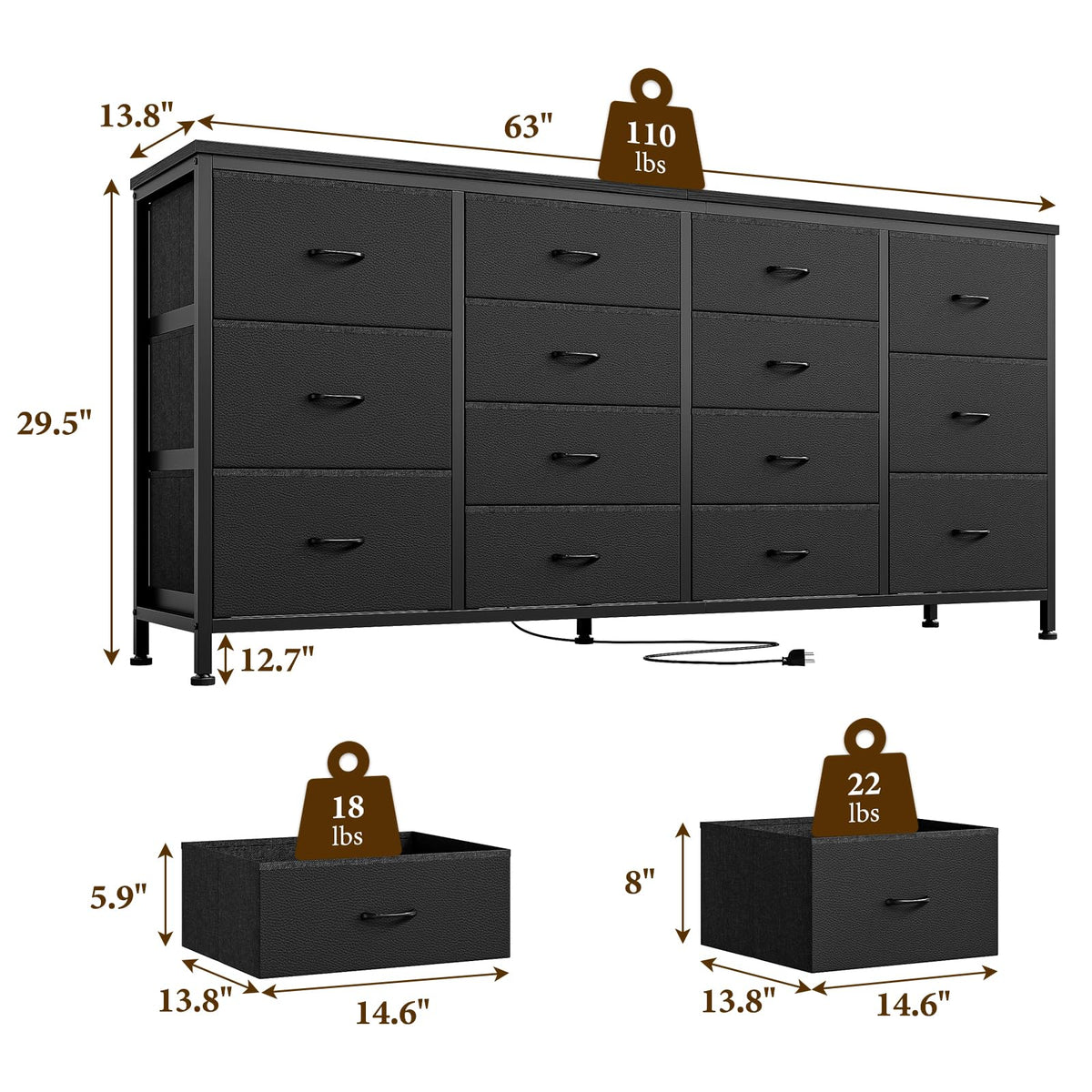Brown 14 Drawer Fabric Dresser TV Stand V113