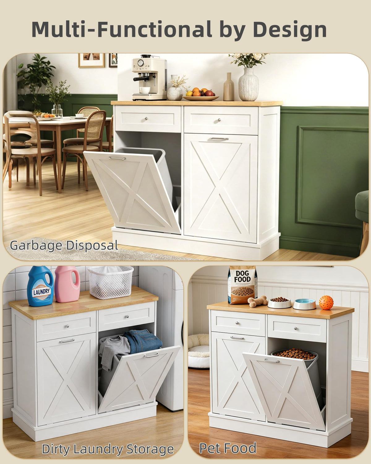 2x10 Gallon Tilt Out Trash Cabinet with Hideaway Drawers, White T654