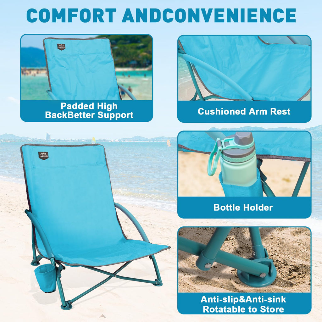 2 Pack Blue Low Beach Chair with Cup Holder and Carry Bag K523